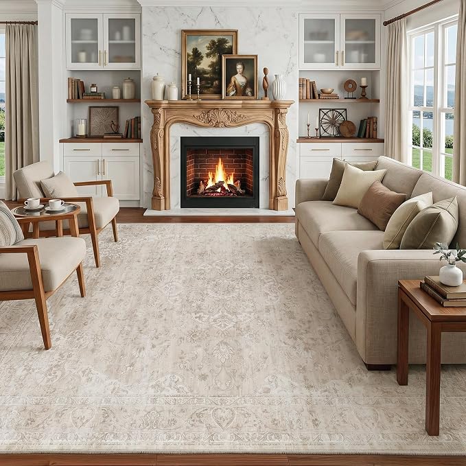 FMFUNCTEX 8x10 Washable Area Rug Neutral Beige Vintage Distressed Oriental Non Slip Low Pile Floral Rug for Living Room Bedroom Cream Traditional Soft Thin Retro Indoor Carpet for Dining Room Office