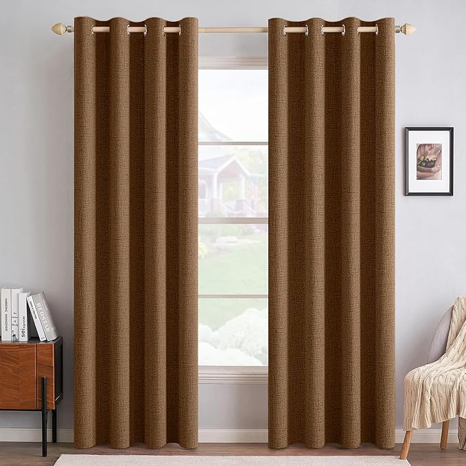 MIULEE Linen Curtains for Bedroom 100% Blackout Thermal Insulated Brown Grommet Room Darkening Curtains & Drapes Fall Decor for Living Room 52 x 90 Inch (2 Panels)