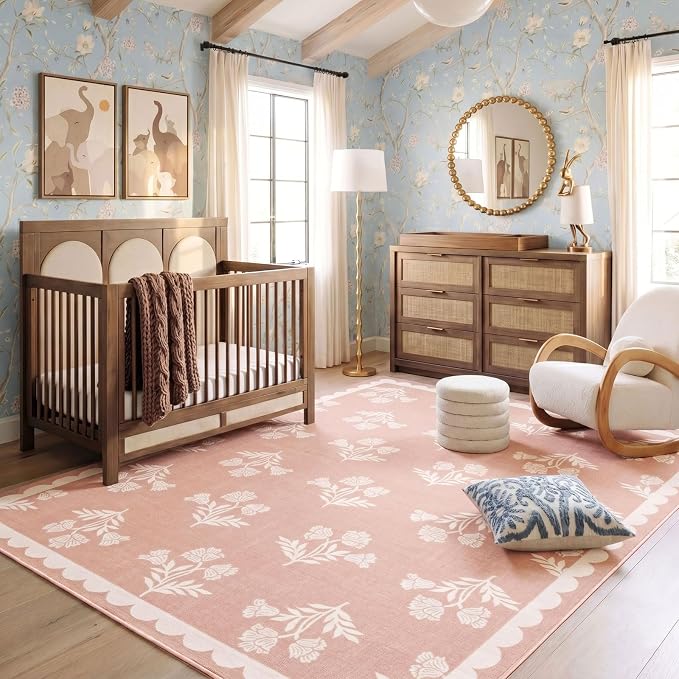 Pink Floral Scalloped Area Rug - 6x9 Washable Boho Bedroom Rug Stain Resistant Dining Room Rugs for Under Table Non Slip Rugs for Living Room Nursery Kids Playroom Dorm Baby Room Home Decor