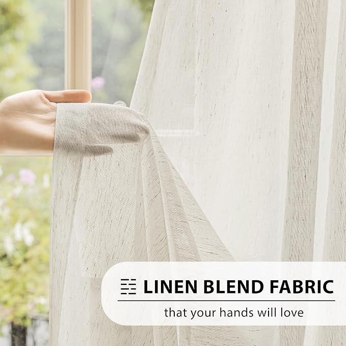 FMFUNCTEX Linen Sheer Pinch Pleated Curtains for Living Room, Linen Flax Beige 96 Inches Long Sheer Curtain Panels for Bedroom, Natural Back Tab Window Drapes for Farmhouse, Rod Pocket 2 Panels | Natural Semi Sheer Window Drapes French See Through for ...