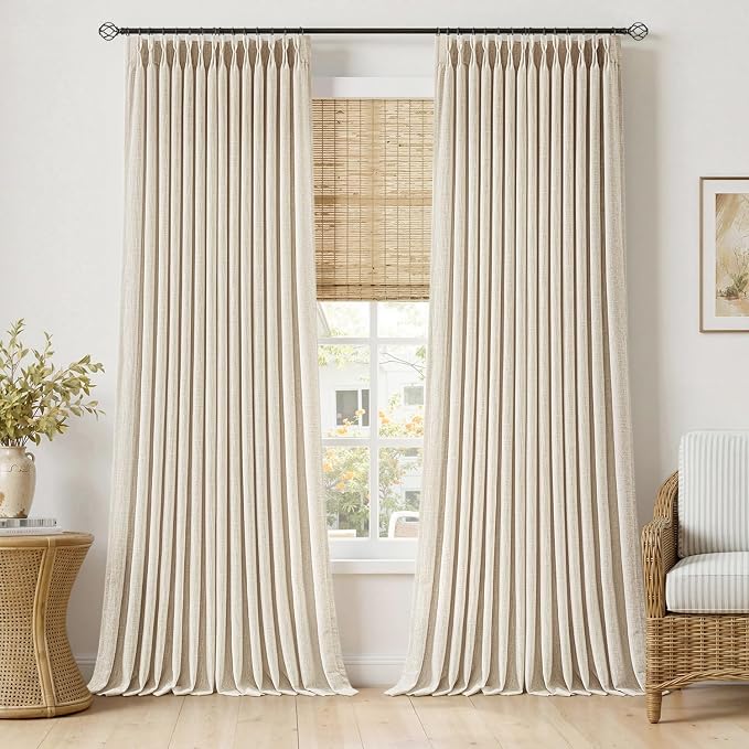 MIULEE Pinch Pleated Thick Linen Curtains 102 Inches Long 2 Panels for Living Room Bedroom, Linen Textured Drapes Pleat Back Tab Memory Trained Light Filtering Boho Birch Window Curtains with Hooks