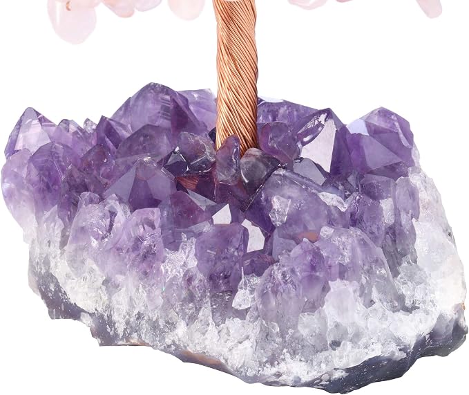 Jovivi Natural Rose Quartz Healing Crystal Money Tree on Amethyst Cluster Geode Druzy Base Feng Shui Crystals for Home Office Desk Decorations, Wealth, Good Luck