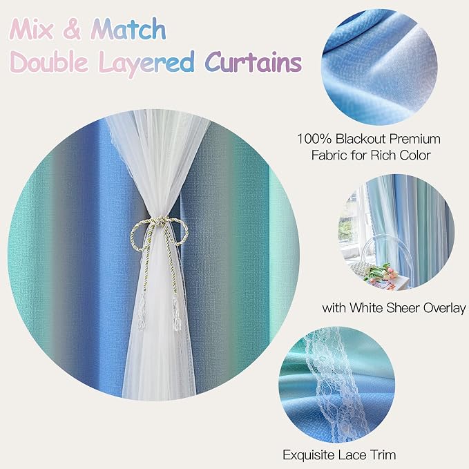 XiDi Blakout Curtains with Sheer Overlay 84 Inches Long for Bedroom 2 Panels Double Layer Rainbow Curtains for Nursery Kid Room Thermal Insulated Room Darkening Grommet Drapes Blue Green Grey 34Wx84L