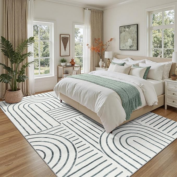 DCX Abstract Machine Washable 9x12 Rug, Gray Modern Accent Rug for Living Room, Soft Low Pile Non Slip Carpet, Kid & Pet Friendly Stain Resistant Rug for Bedroom Dining Room Office
