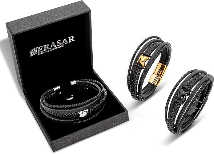 SERASAR Premium Leather Bracelet Men | Stainless Steel Magnetic Clasp | Three Colors | Jewelry Box Included