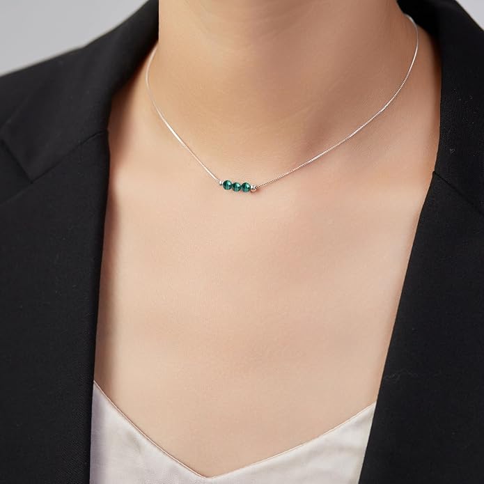 Dainty Crystal 925 Sterling Silver Choker Collar Necklace Handmade With 3 Beads Birthstone Jewelry Gifts for Women Young Lady Mother Friends Keenove