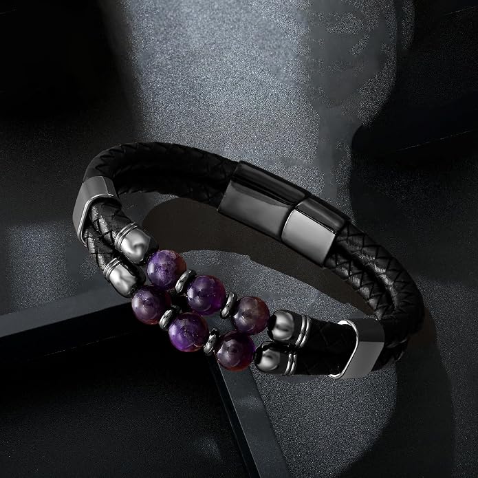 Mens Turquoise/Lapis Lazuli/Tiger Eye/Black Agate/Obsidian Leather Braided Bracelets for Father's Day/Birthdays/Graduation Jewelry Wristband Cuff Bracelet with Stainless Steel Clasp