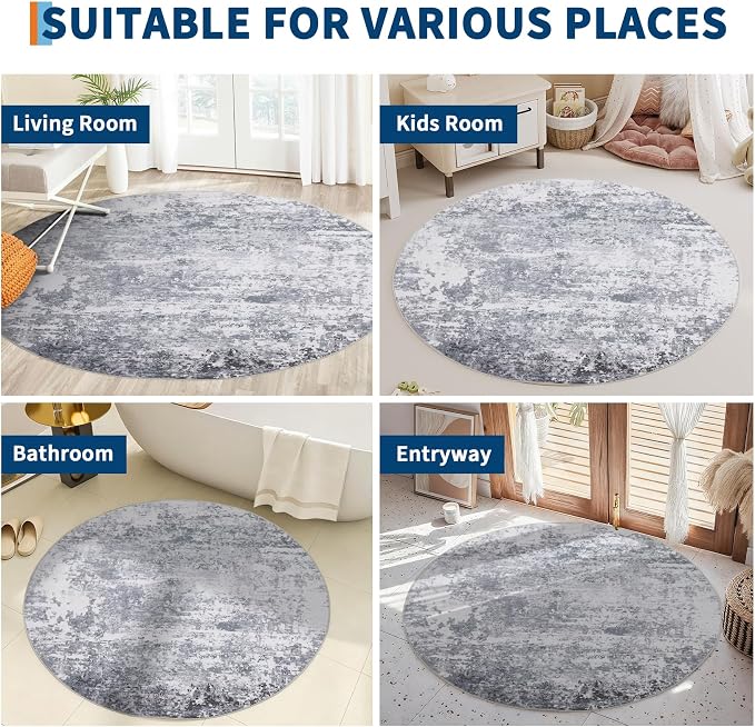 ROYHOME Modern Abstract 4x4 Round Area Rug Non Slip Non Shedding Rug Low Pile Stain Resistant for Bedroom Living Room Office Dining Room,Light Grey