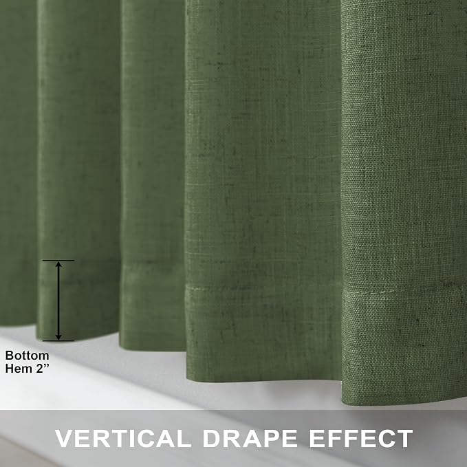 Olive Green Linen Curtains 84 Inch Length for Living Room 2 Panels Back Tab Pocket Moss Green Boho Drapes Light Filtering Sheer Cotton Neutral Aesthetic Army Green Boho Curtains for Bedroom 52x84 Long