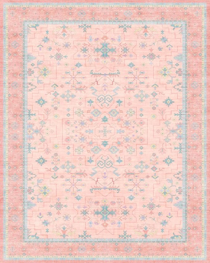 Washable Pink and Blue 9x12 Oushak Rugs for Living Room Rug Bedroom Girls, Modern Floral Aethestic Distressed Design, Soft Faux Wool Low Pile Non Slip Stain Resistance Carpet