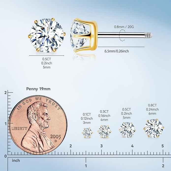 Limerencia Moissanite Stud Earrings G23 Titanium Hypoallergenic Screw Back Moissanite Earrings D Color VVS1 Clarity Jewelry Gifts for Women Men 0.2CT-1.6CT