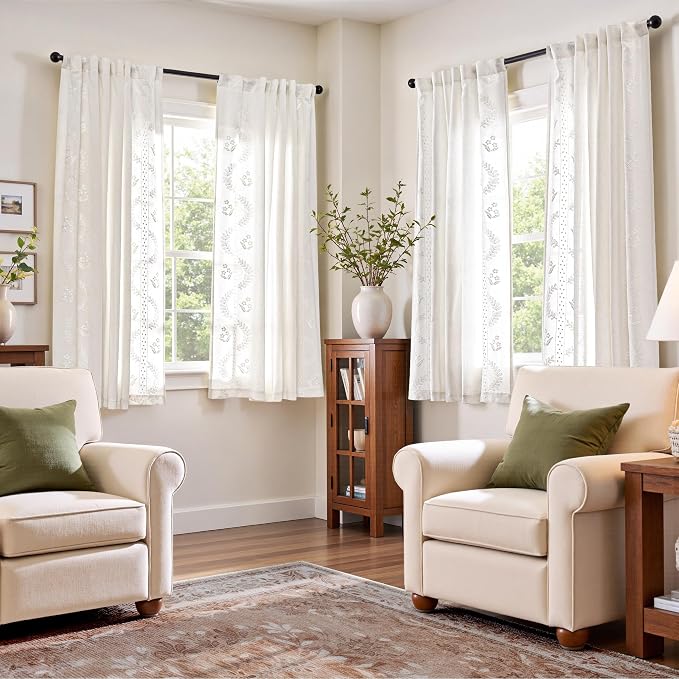 jinchan Floral Linen Curtains 63 Inch Farmhouse Back Tab 2 Panels White | Embroidered curtains,boho curtains,living room,bedroom,light filtering,privacy,flower patterned drapes,window treatment