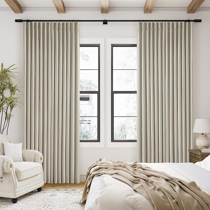 Oatmeal Beige Pinch Pleated 100% Black Out Linen Curtains 84 Inch Length | Room Darkening Blackout with Liner, Noise Reducing, Pleat Back Tab, Neutral Window Curtains for Living Room Bedroom, 2 Panels