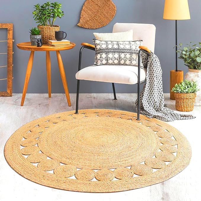 KEMA Jute Braided Area Rug, 5-Feet Round, Natural Handcrafted Boho Rug for Entryways, Living Room, Bedroom - Stain Resistance, Reversible Design, Farmhouse Vintage Decor