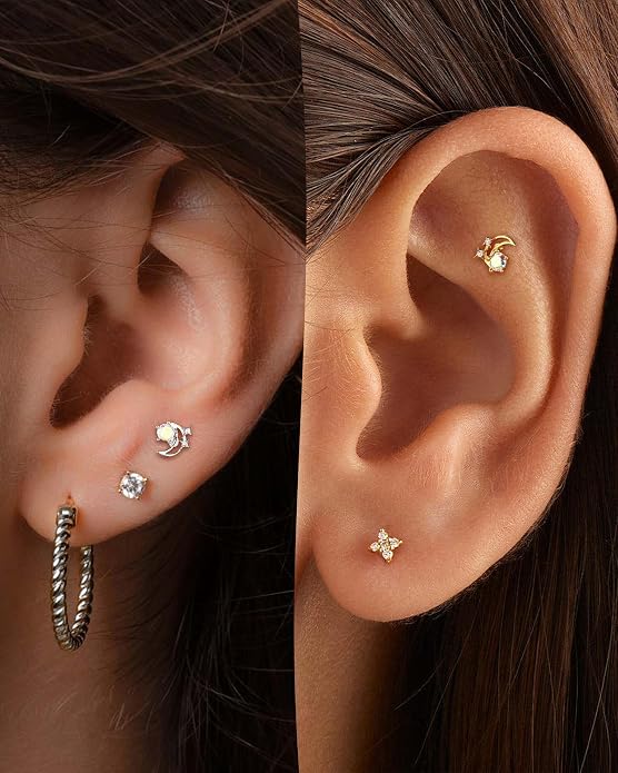 COCHARM 14K Gold Plated Cartilage Earrings Stud 16G Star 925 Sterling Silver Helix Tragus Earrings Surgical Steel Flat Back Earrings for Women