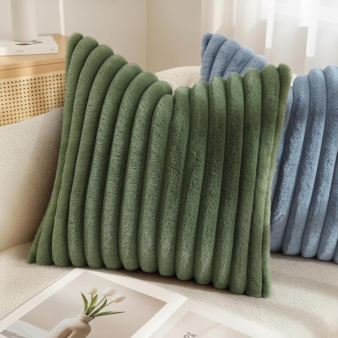 decorUhome Fall Faux Fur Throw Pillow Covers 26x26 Set of 2 Olive Green | Decorative Soft Cozy Striped Plush Modern Farmhouse Boho Couch Pillow Cases Velvet Back for Sofa Bed Living Room Home Decor