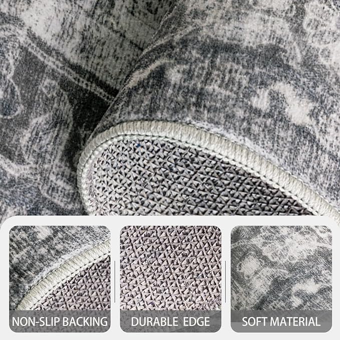 Runner Rug, Washable Non Slip Low Pile Kitchen Runner, Soft Boho Modern Rug for Hallways, Bedroom, 2'6"x 8, Distressed Grey