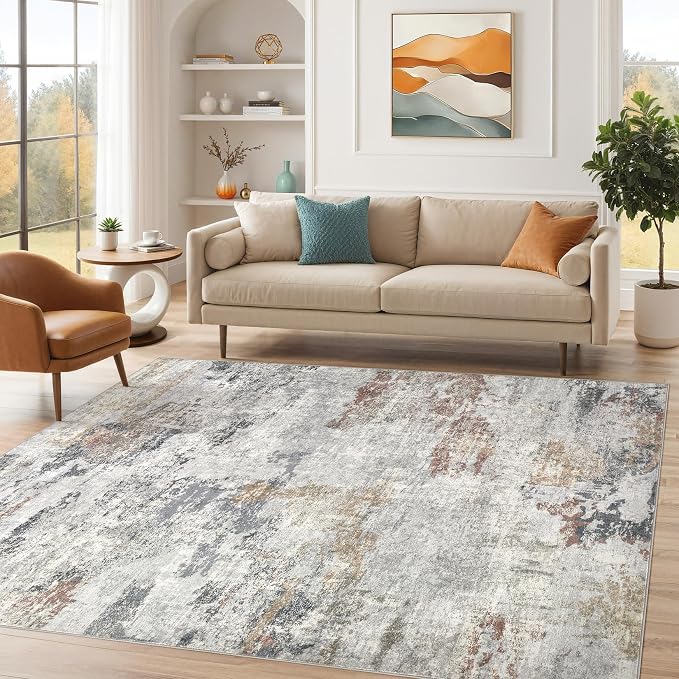 DMOYEST 8x10 Area Rug for Living Room, Washable & Non Slip Large Indoor Carpet, Kid & Pet Friendly Soft Thin Low Pile Abstract Rug for Bedroom and Office - Grey/Orange/Yellow