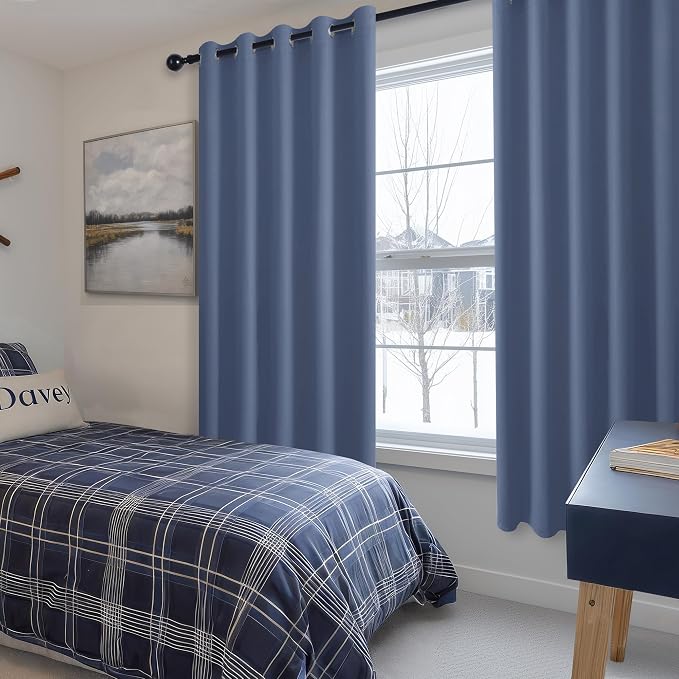 Hiasan Blackout Curtains for Bedroom, 60 x 63 Inches Length - Thermal Insulated & Light Blocking Window Curtains for Living Room/Kids Room, 2 Drape Panels Sewn with Tiebacks, Blue Haze