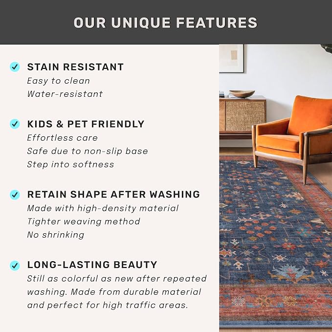 Hazo Haus Washable 3x20 Extra Long Hallway Runner Rug, Navy Blue Large Kitchen Floor Rug Indoor, Non-Slip Stain & Fade Resistant, Vintage Boho Floral Décor