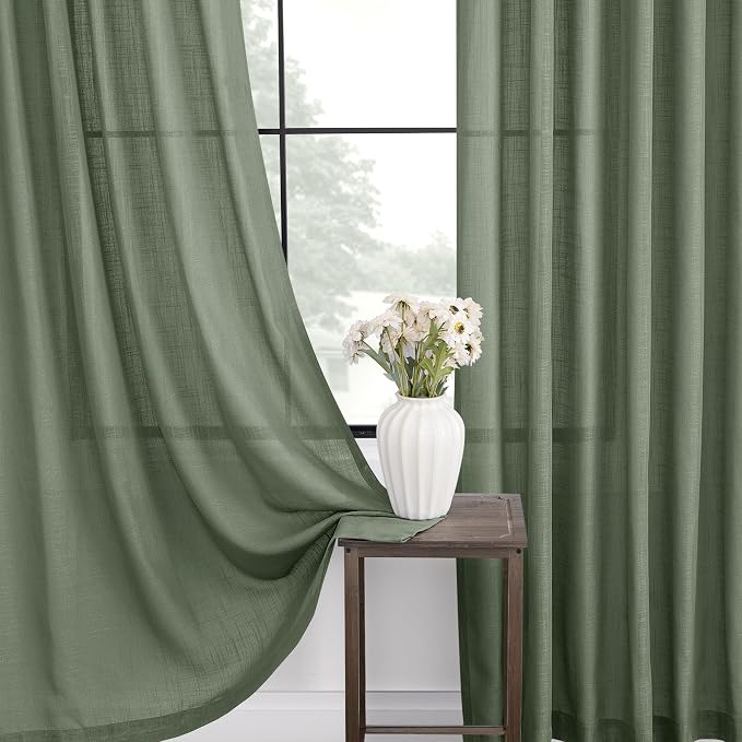 Linen Blend Olive Green Curtains 86 inch Length 2 Panels for Bedroom Back Tab Light Filtering Semi Sheer Drapes Linen Cotton Textured Loden Green Airy Modern Farmhouse Living Room Sage Aesthetic Decor