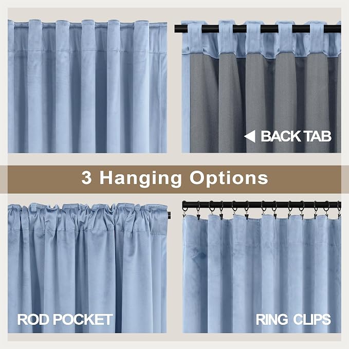 Dusty Blue Velvet Curtains 108 Inches Long 2 Panels Set Light Blue Luxury Blackout Curtains for Bedroom Living Room Super Soft Thermal Insulated Grey Blue Window Drapes Back Tab Rod Pocket 108 Length
