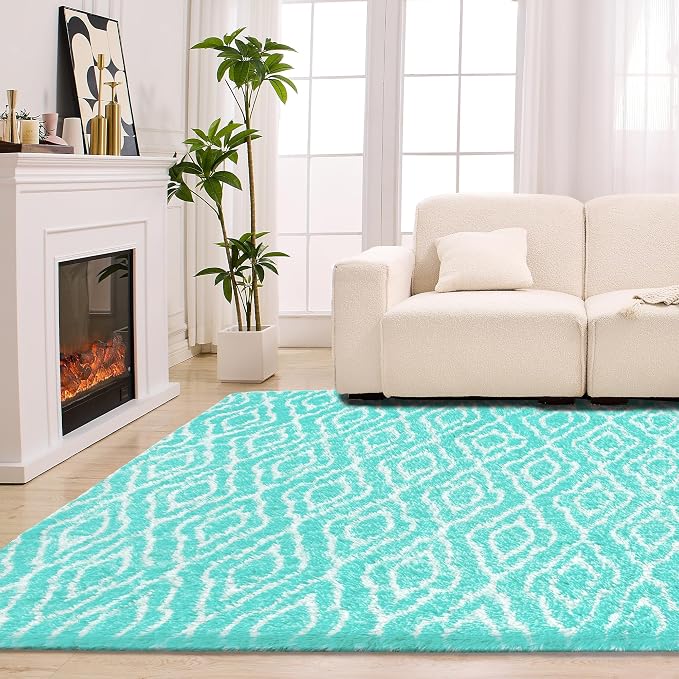 Fluffy Rug for Bedroom, Soft 6x9 Green Shag Plush Geometric Area Rugs | Modern Green and White Rug, Non Slip Carpet for Living Room, Aesthetic Home Decor, Fuzzy Floor Mat for Nursery Teen Dorm