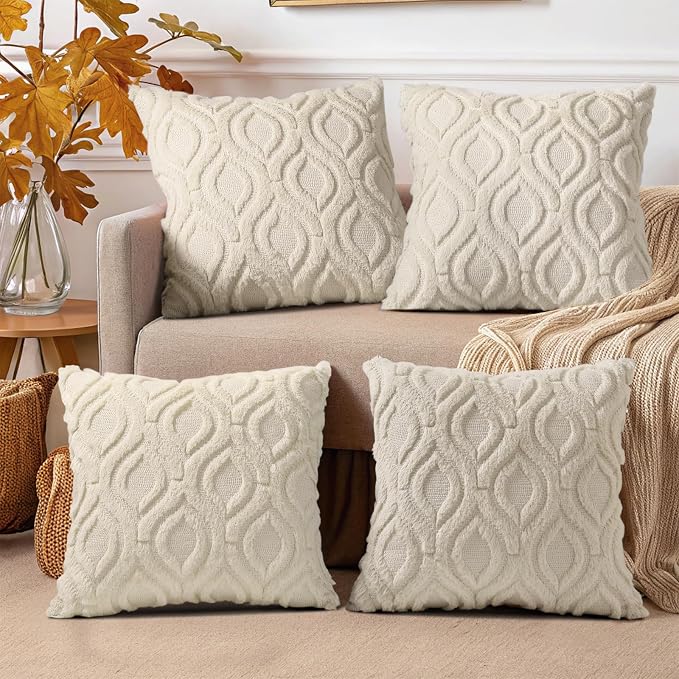 decorUhome Beige Faux Fur Soft Throw Pillow Covers 20x20 Set of 4 | Fall Neutral Decorative Plush Couch Pillow Covers, Accent Modern Farmhouse Neutral Pillow Cases for Sofa Bed Living Room