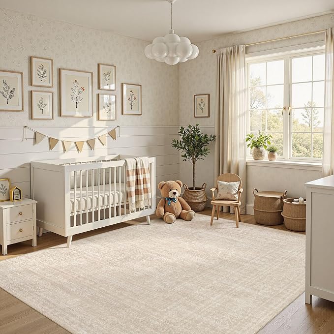 Nakagishi 6x8 Area Rugs Living Room: Washable Large Vintage Rug Neutral Non-Slip Soft Stain Resistant Indoor Carpet for Bedroom Nursery Dining Room Office Playroom - Beige