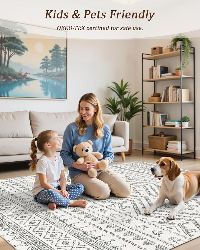 Miukiki 10x14 Area Rugs for Living Room Moroccan Washable Rugs Non Slip Indoor Floor Carpet Foldable Large Soft Area Rug with Low Pile for Dining Room Bedroom Office(Grey,10'x14')