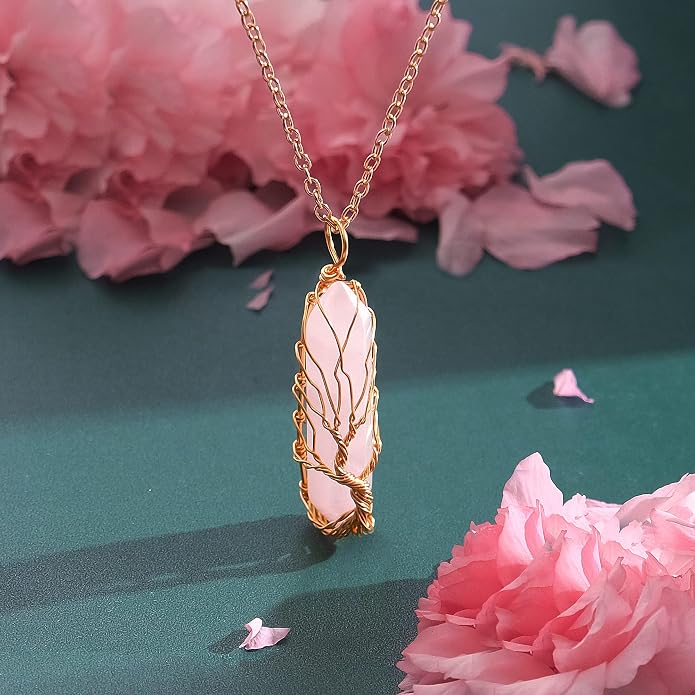 VIBILIA Healing Crystal Necklace Tree of Life Wire Wrapped Natural Stone Point Pendant Necklace Hexagonal Reiki Spiritual Quartz Gemstone Jewelry for Women Men