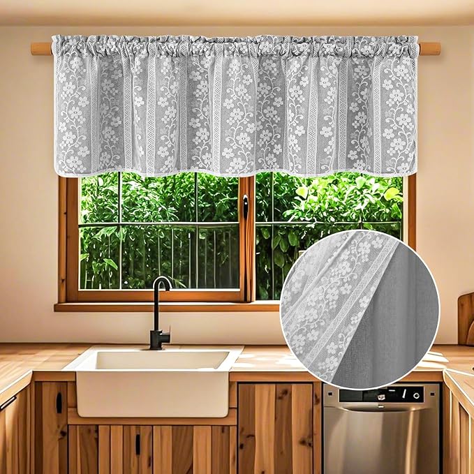 ASPMIZ Linen Farmhouse Kitchen Curtains, Double Layered Valances for Windows with Linen and Lace, Rustic Curtains for Bathroom Window, Kitchen, Cafe Curtain 18 Inch Length Rod Pocket, 52 x 18, Grey