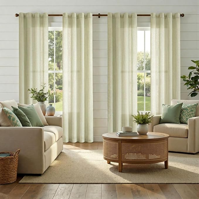 jinchan Linen Curtains 96 Inch Sage Green Stripe on Beige Back Tab 2 Panels | Curtains For Living Room Bedroom,Ticking Stripe, Farmhouse Cottage Core Rustic,Rod Pocket Window Treatment,Light Filtering