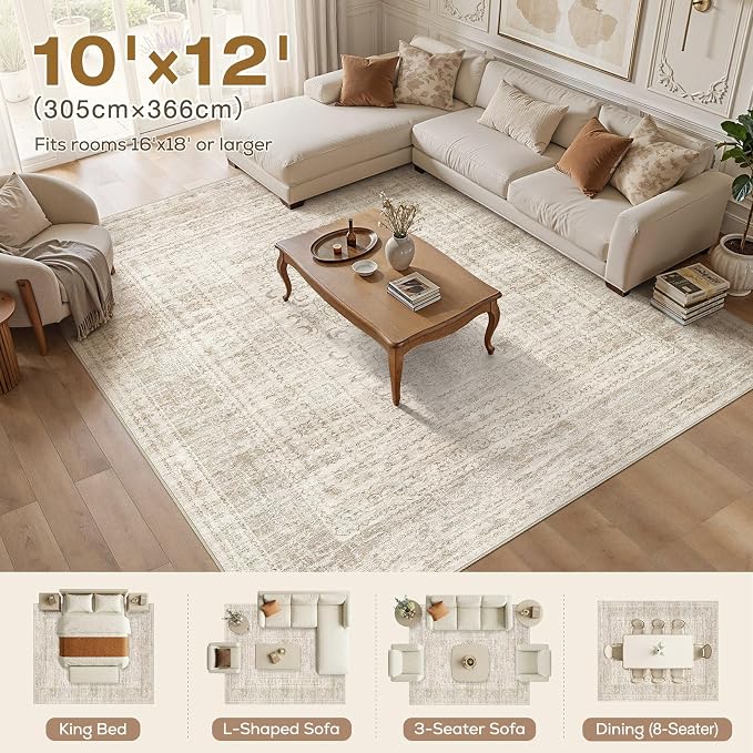 Nakagishi 10x12 Area Rugs Living Room: Washable Large Vintage Rug Neutral Non-Slip Soft Stain Resistant Indoor Carpet for Bedroom Nursery Dining Room Office Playroom - Dark Bown