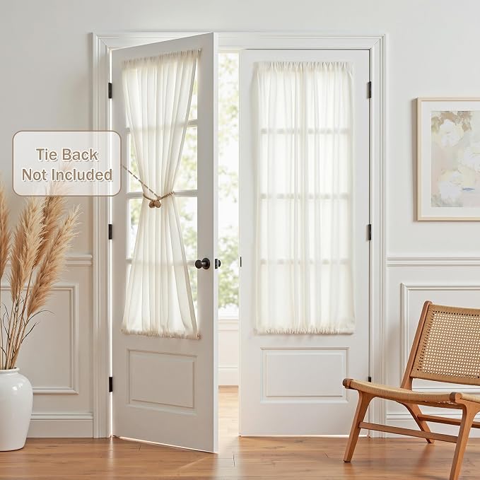 MYSKY HOME Natural French Door Curtains for Door Window 40 Inch Long Short Semi Sheer Light Filtering Curtain for Small Window Drapes Rod Pocket for Bedroom Bathroom, Beige White, 26" Wide, 2 Panels