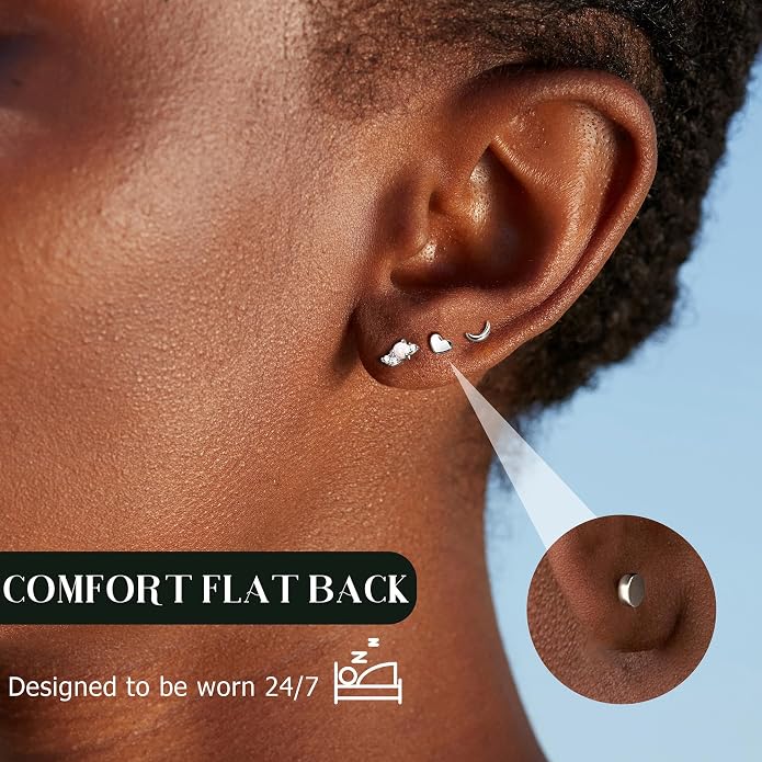 14K Gold Plated Solid 925 Sterling Silver Post Flat Back Earrings Stud | Cartilage Helix Conch Tragus Piercing Jewelry 3 Pairs Tiny Screw Dainty CZ Opal Earring Set Men Women