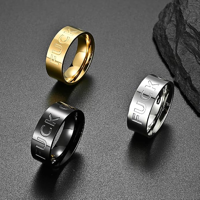Men's Stainless Steel Cool Personalized Ring Engraved Fuck Off Inspirational Band Silver Gold
