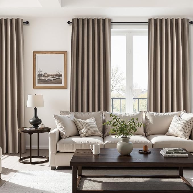 Topfinel 92 inch Long 100% Blackout Drapes 2 Panels Linen Texture Curtains Warm Taupe Window Curtain with Back Tab Rod Pocket Light Blocking Thermal Insulated Panel for Bedroom Living Room Dark Flax