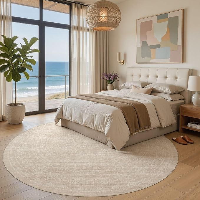 8ft Round Rug Living Room: Washable Large Vintage Neutral Area Rug Non-Slip Soft Stain Resistant Indoor Carpet for Bedroom Nursery Dining Room Under Table Bed Home House Office Playroom - Beige