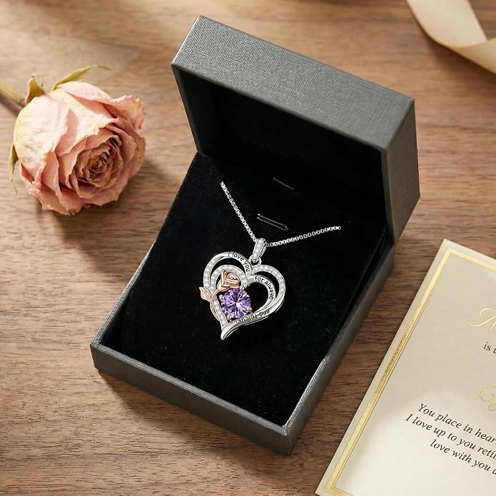 Birthstone Heart Necklaces for Women 925 Sterling Silver Fine Jewelry Rose Pendant Necklace Anniversary Birthday Mothers Day Gifts Her Wife Women Mom Daughter