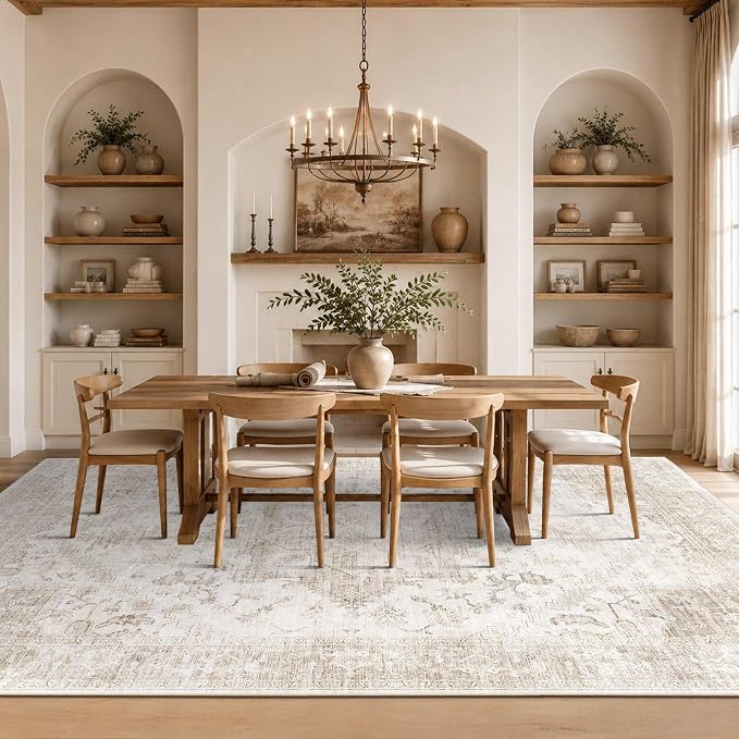 Rugxara 9x12 Extra Large Washable Area Rug, Soft Neutral Vintage Boho Rug for Living Room, Bedroom, Office, Farmhouse, Low Pile Imitation Wool Non Slip Carpet Ideal for High-Traffic Areas, Beige