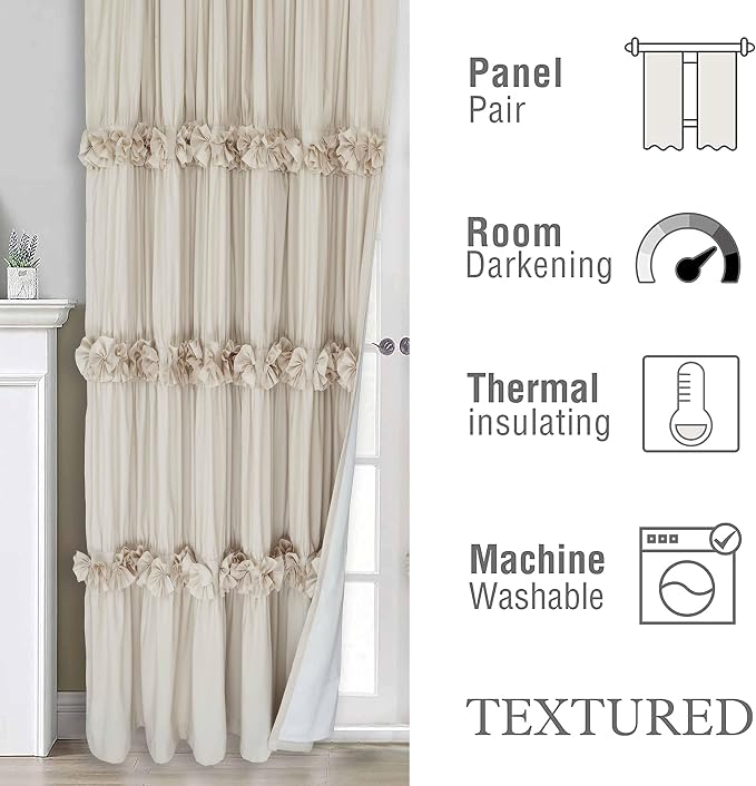 Homechoice Decor Thermal Insulated Window Curtains, 54" W x 84" L (Pair) | Camel Boho Ruched Blackout Window Treatments with 3 Rows of Butterfly Flowers, Rustic Rod Pocket Drapes for Room (LQ-30)