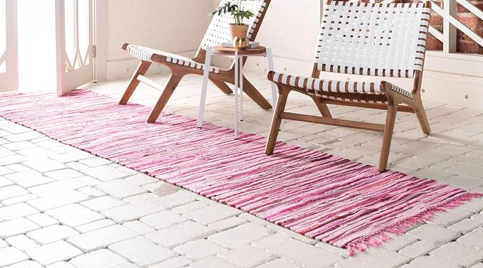 Unique Loom Chindi Cotton Collection Hand Woven Natural Fibers Area Rug_CCH002, 2 ft 7 in x 9 ft 10 in, Pink/Ivory