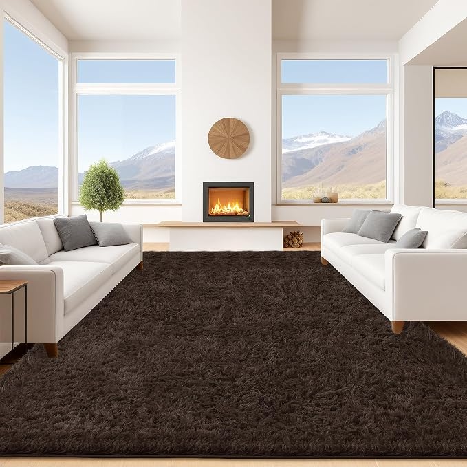 9x12 Brown Fluffy Shag Area Rugs for Living Room Bedroom Nursery | Ultra Soft Comfy, Large Fuzzy Shaggy Plush Carpet for Kids Boys Girls Teen Dorm, Modern Indoor Home Decor, Upgrade Non-Slip