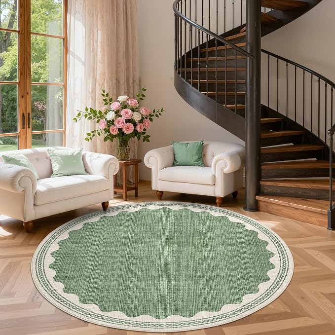 GarveeHome Scalloped Sage Green 5ft Round Rug Washable Non-Slip Soft Ultra-Thin Small Circle Modern Cottage Core Solid Carpet for Entryway Kitchen Bedroom Nursery Dining Room