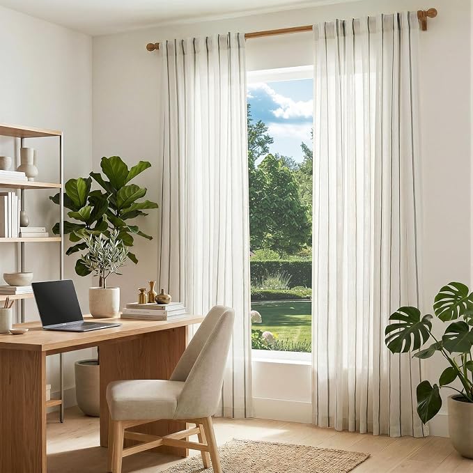 Vangao Striped Curtains Green on White Semi Sheer Curtains 84 Inches Long for Living Room Bedroom Modern Farmhouse Linen Textured Light Filtering Drapes 2 Panels Olive Green W50 x L84 Inch