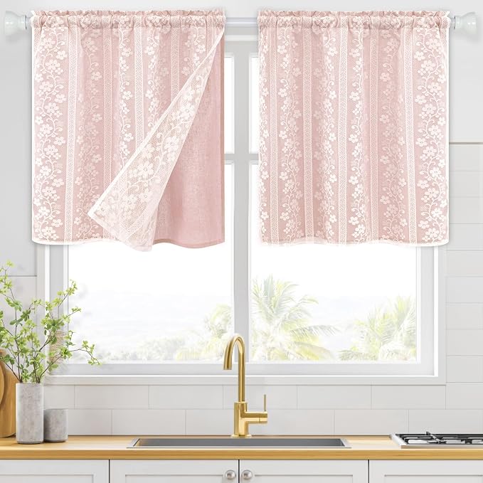 ASPMIZ Linen Pink Kitchen Tier Curtains 24 Inch Length, Double Layered Kitchen Curtains with Linen and Lace, Rod Pocket Short Window Curtain, Farmhouse Window Treatments for Bathroom, Cafe, 2 Panel