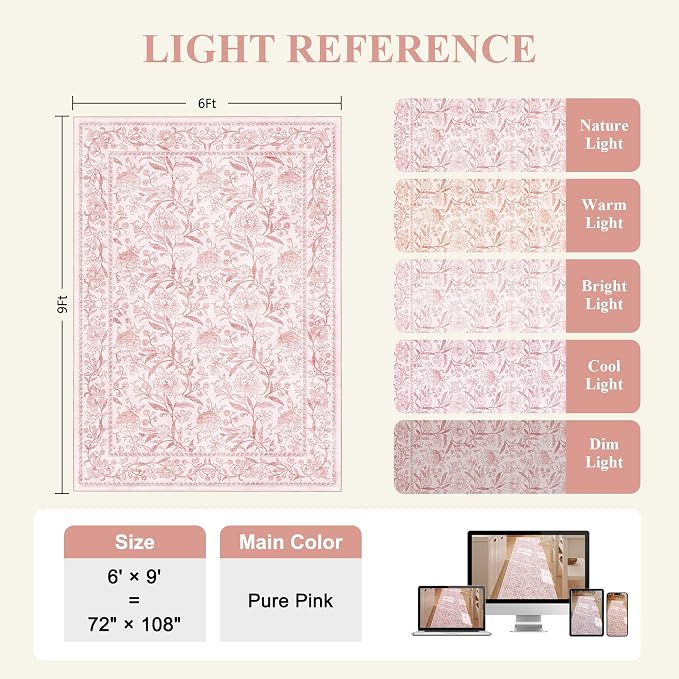 DUKINO 6x9 Area Rug Vintage Floral Washable Rugs for Living Room Light Pink | Non Slip, Low Pile, Non-Shedding, Stain Resistant Soft Large Carpet for Bedroom Home Office Dining Room Farmhouse, Home Decor