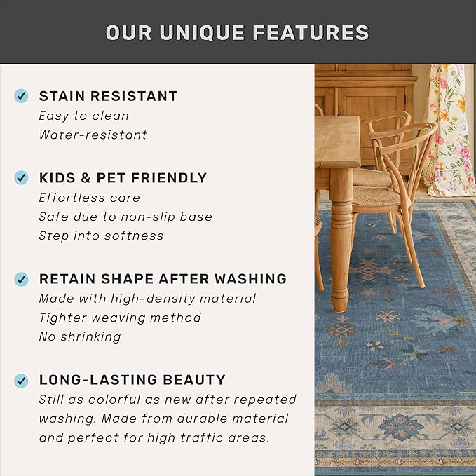Hazo Haus Boho 8x12 Large Area Rugs for Living Room - Eclectic Dusky Blue Rug for Bedroom Under Bed, Dining Room Under Kitchen Table, Washable Soft Non Slip Unique Colorful Indoor Décor