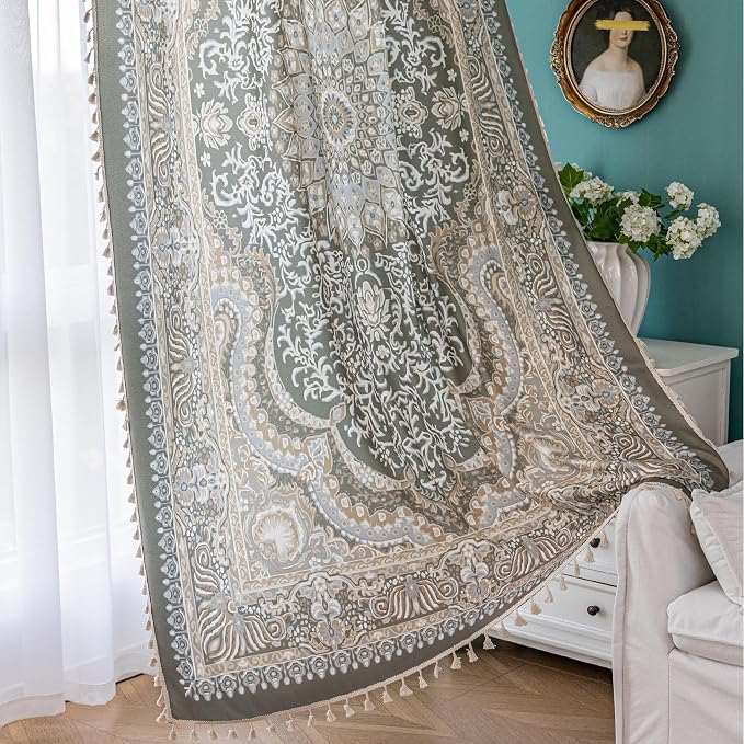 Sage Green Medallion Curtains 54 Inches Long, Boho Farmhouse Light Filtering Rod Pocket Drapes with Tassel Trim for Bedroom Living Room, 2 Panels